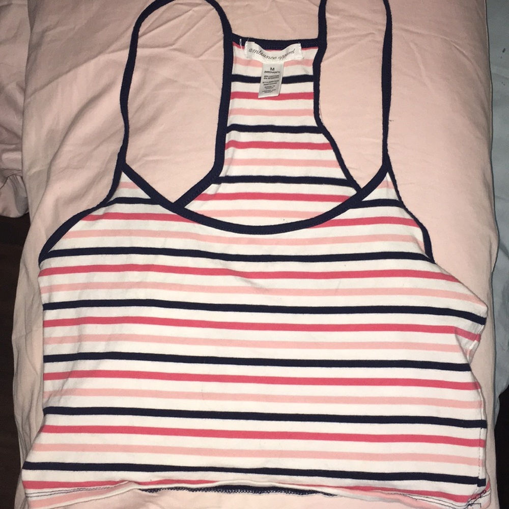 pink, white, and blue crop top